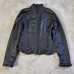 Vintage Lane Crawford Black Faux Leather Jacket Ruffle Collar Cuffs Small Punk